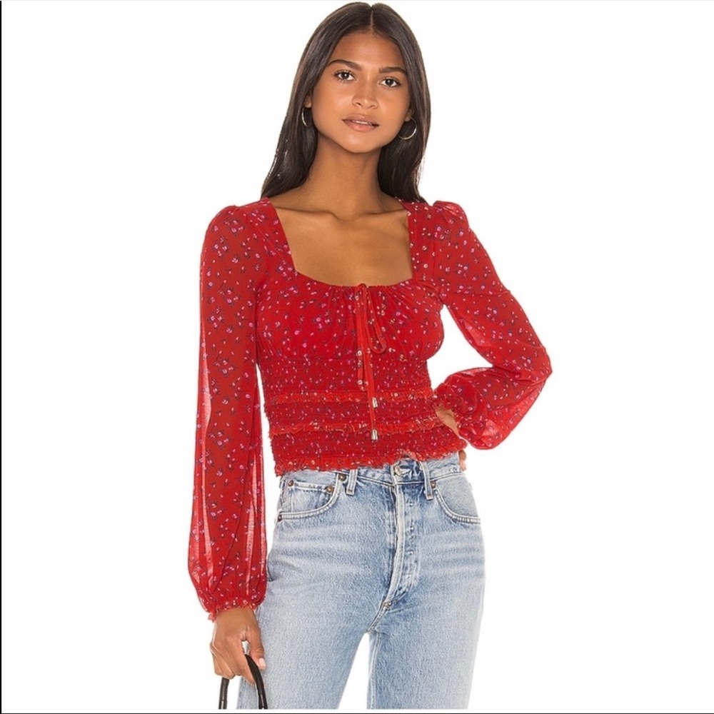 NWT. Free People L/S Lolita Smocked Tie Blouse.